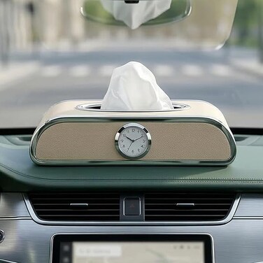 Auto Family Car Tissue Box Holder with Clock &ndash; PU Leather Dashboard Tissue Dispenser, Napkin Holder Organizer for Car Interior, Console or Dashboard Storage (Beige)