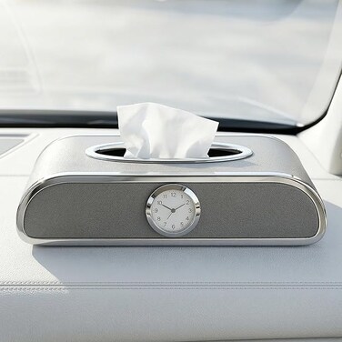Auto Family Car Tissue Box Holder with Clock &ndash; PU Leather Dashboard Tissue Dispenser, Napkin Holder Organizer for Car Interior, Console or Dashboard Storage (Grey)