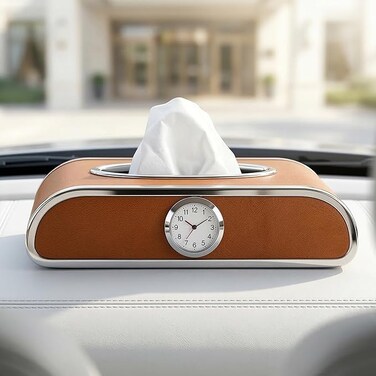 Auto Family Car Tissue Box Holder with Clock &ndash; PU Leather Dashboard Tissue Dispenser, Napkin Holder Organizer for Car Interior, Console or Dashboard Storage (Brown)