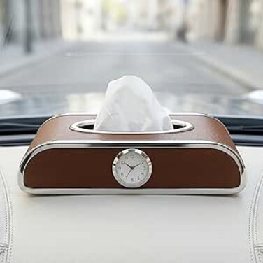 Auto Family Car Tissue Box Holder with Clock &ndash; PU Leather Dashboard Tissue Dispenser, Napkin Holder Organizer for Car Interior, Console or Dashboard Storage (Coffee Brown)
