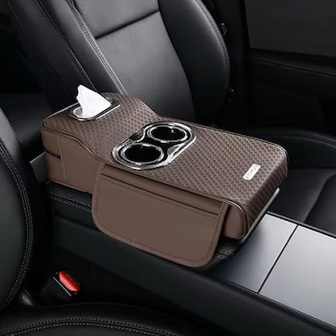 Auto Family Car Armrest Heightening Pad with Cup Holder &amp; Tissue Box &ndash; PU Leather Center Console Organizer, Car Seat Armrest Cushion with Storage Pocket for Drinks (Coffee Brown)