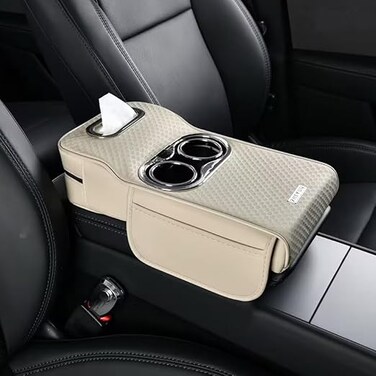 Auto Family Car Armrest Heightening Pad with Cup Holder &amp; Tissue Box &ndash; PU Leather Center Console Organizer, Car Seat Armrest Cushion with Storage Pocket for Drinks (Beige)