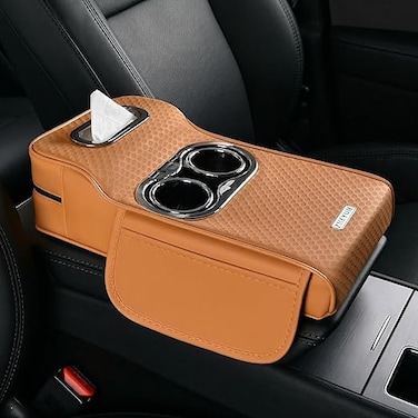 Auto Family Car Armrest Heightening Pad with Cup Holder &amp; Tissue Box &ndash; PU Leather Center Console Organizer, Car Seat Armrest Cushion with Storage Pocket for Drinks (Brown)