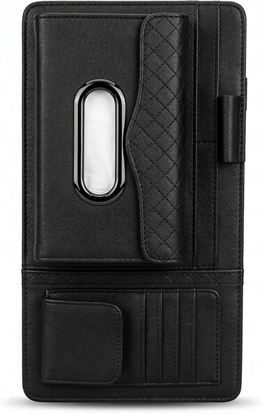 Auto Family Car Sun Visor Tissue Holder Organizer with Card Slots &amp; Pen Holder &ndash; PU Leather Multifunction Auto Tissue Box, Vehicle Napkin Dispenser (Black)
