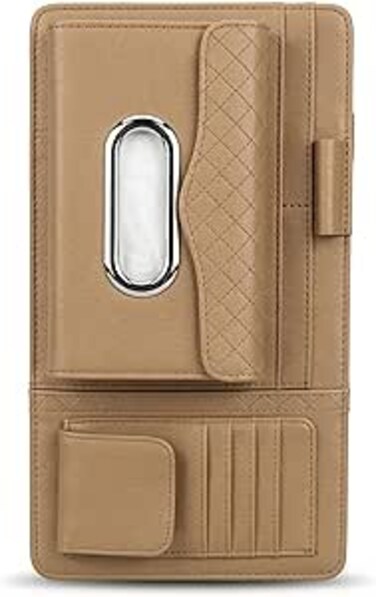 Auto Family Car Sun Visor Tissue Holder Organizer with Card Slots &amp; Pen Holder &ndash; PU Leather Multifunction Auto Tissue Box, Vehicle Napkin Dispenser (Beige)