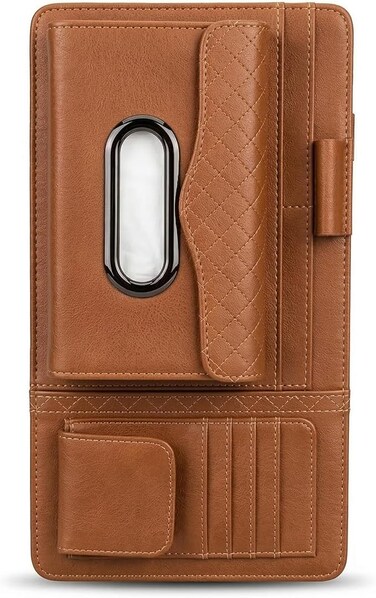 Auto Family Car Sun Visor Tissue Holder Organizer with Card Slots &amp; Pen Holder &ndash; PU Leather Multifunction Auto Tissue Box, Vehicle Napkin Dispenser (Brown)