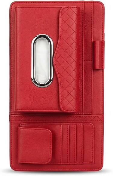 Auto Family Car Sun Visor Tissue Holder Organizer with Card Slots &amp; Pen Holder &ndash; PU Leather Multifunction Auto Tissue Box, Vehicle Napkin Dispenser (Red)