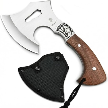 Auto Family Compact Hand Axe with Wooden Handle &ndash; Camping Hatchet Chopping Axe with Leather Sheath for Wood Splitting, Survival Tactical Axe, Outdoor Bushcraft (Hunter Grip Axe)