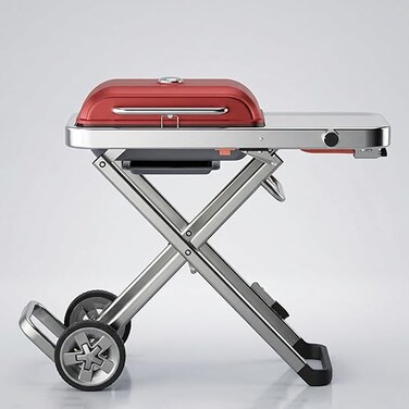 Auto Family Portable BBQ Grill with Foldable Stand &amp; Wheels, Stainless Steel Charcoal Grill, Compact Outdoor Barbecue Cooker for Camping, Picnic, Travel &amp; Garden Cooking (Red)