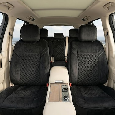 Auto Family Luxury 5 Pcs Soft Fabric Car Seat Cover Full Set - Universal Fit, Waterproof Automotive Seat Protector, Breathable Anti-Slip Car Cushion Pad, Interior Protector for Car (Black)