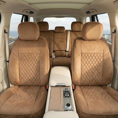 Auto Family Luxury 5 Pcs Soft Fabric Car Seat Cover Full Set - Universal Fit, Waterproof Automotive Seat Protector, Breathable Anti-Slip Car Cushion Pad, Interior Protector for Car (Light Brown)