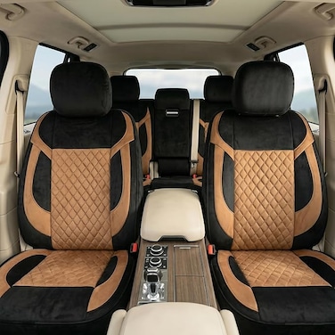 Auto Family Luxury 5 Pcs Soft Fabric Car Seat Cover Full Set - Universal Fit, Waterproof Automotive Seat Protector, Breathable Anti-Slip Car Cushion Pad, Interior Protector for Car (Brown -Black)