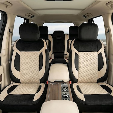 Auto Family Luxury 5 Pcs Soft Fabric Car Seat Cover Full Set - Universal Fit, Waterproof Automotive Seat Protector, Breathable Anti-Slip Car Cushion Pad, Interior Protector for Car (Creme - Black)