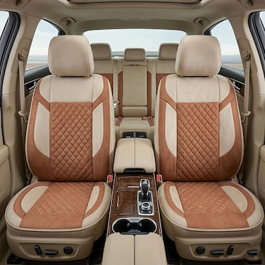 Auto Family Luxury 5 Pcs Soft Fabric Car Seat Cover Full Set - Universal Fit, Waterproof Automotive Seat Protector, Breathable Anti-Slip Car Cushion Pad, Interior Protector for Car (Brown - White)