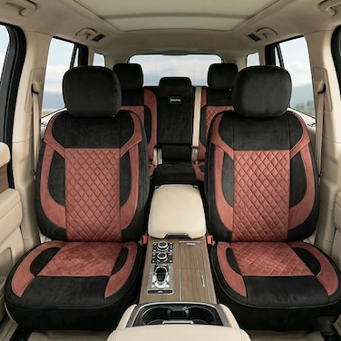 Auto Family Luxury 5 Pcs Soft Fabric Car Seat Full Set - Universal Fit, Waterproof Automotive Seat Protector, Breathable Anti-Slip Car Cushion Pad, Interior Protector for Car (Maroon - Black)