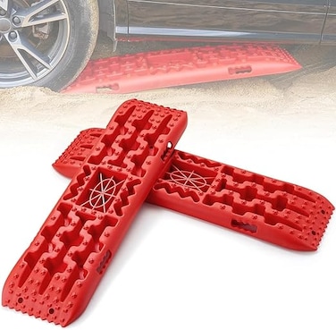 Auto Family Car Traction Boards Sand &amp; Snow Recovery Tracks, Heavy Duty Tire Grip Mats for Off-Road, Anti-Slip Recovery Pads for Mud, Sand, Snow &amp; Ice (Plastic - Red)