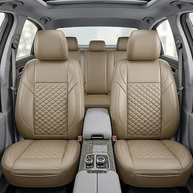Auto Family Premium 5Pcs Set PU Leather Car Seat Cover Full Set, Universal Fit Auto Seat Covers, Luxury Interior Protector, Waterproof Seat Covers, Breathable Anti-Slip Car Seat Cushion (Beige)