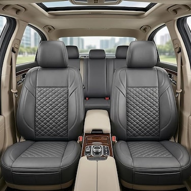 Auto Family Premium 5Pcs PU Leather Car Seat Cover Full Set, Universal Fit Auto Seat Covers, Luxury Interior Protector, Waterproof Seat Covers, Breathable Anti-Slip Car Seat Cushion (Gray)