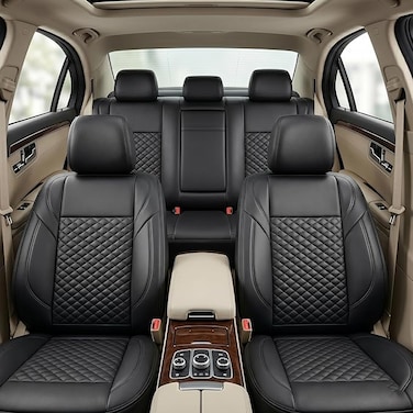 Auto Family Premium 5Pcs PU Leather Car Seat Cover Full Set, Universal Fit Auto Seat Covers, Luxury Interior Protector, Waterproof Seat Covers, Breathable Anti-Slip Car Seat Cushion (Black)