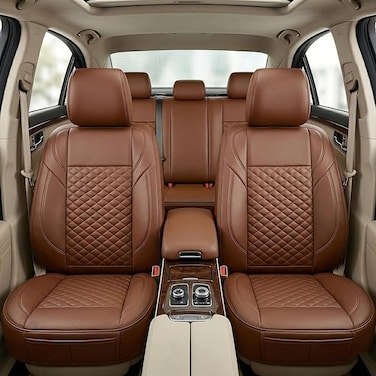 Auto Family Premium 5Pcs PU Leather Car Seat Cover Full Set, Universal Fit Auto Seat Covers, Luxury Interior Protector, Waterproof Seat Covers, Breathable Anti-Slip Car Seat Cushion (Brown)