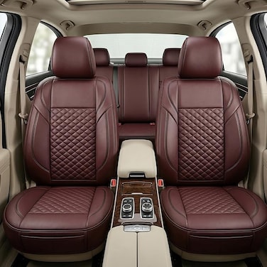 Auto Family Premium 5Pcs PU Leather Car Seat Cover Full Set, Universal Fit Auto Seat Covers, Luxury Interior Protector, Waterproof Seat Covers, Breathable Anti-Slip Car Seat Cushion (Maroon)