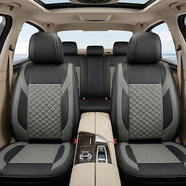 Auto Family Premium 5Pcs PU Leather Car Seat Cover Full Set, Universal Fit Auto Seat Covers, Luxury Interior Protector, Waterproof Seat Covers, Breathable Anti-Slip Car Seat Cushion (Gray Black)