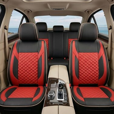 Auto Family Premium 5Pcs PU Leather Car Seat Cover Full Set, Universal Fit Auto Seat Covers, Luxury Interior Protector, Waterproof Seat Covers, Breathable Anti-Slip Car Seat Cushion (Red Black)