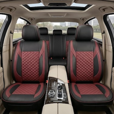 Auto Family Premium 5Pcs PU Leather Car Seat Cover Full Set, Universal Fit Auto Seat Covers, Luxury Interior Protector, Waterproof Seat Covers, Breathable Anti-Slip Car Seat Cushion (Beige Black)