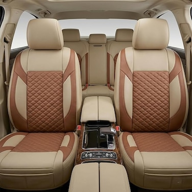 Auto Family Premium 5Pcs PU Leather Car Seat Cover Full Set, Universal Fit Auto Seat Covers, Luxury Interior Protector, Waterproof Seat Covers, Breathable Anti-Slip Car Seat Cushion (Beige Brown)