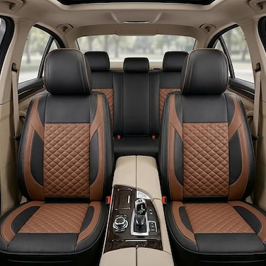 Auto Family Premium 5PCs PU Leather Car Seat Cover Full Set, Universal Fit Auto Seat Covers, Luxury Interior Protector, Waterproof Seat Covers, Breathable Anti-Slip Car Seat Cushion (Brown Black)