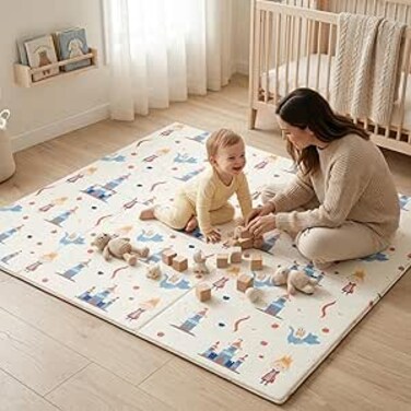 Auto Family 180 * 200cm Baby Play Mat Foam Folding Floor Mat, Soft Crawling Mat for Infants &amp; Toddlers, Non-Toxic Waterproof Reversible Kids Playmat, Thick Anti-Slip Activity Mat (Red)