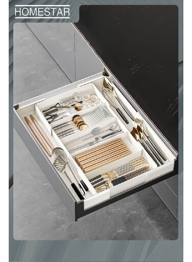 Expandable Utensil Tray for Drawer, Adjustable Flatware and Cutlery Holder, Compact Plastic Drawerstore Holding Spoons Forks Knives, Large, White