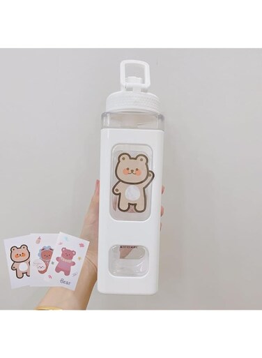 ChicAbode Large Kawaii Water Bottle with Straw and Sticker, Cute Bear Water Bottles, Portable Square Drinking Bottle, Leak Proof Juice Tea Water Cup, for Women and Girl, White, 900ml, 30oz