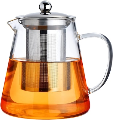 CRAFT MAGIC 950ml Borosilicate Glass Teapot for Stovetop &ndash; Clear Tea Kettle with 4 Glass Cups, Stainless Steel Removable Infuser &ndash; Blooming &amp; Loose Leaf Tea Brewer for Home, Office, Camping &amp; Travel