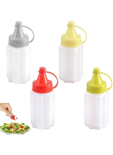 Oasisgalore Squeezable Sauce Containers, 4 PCS Mini Sauce Containers, Salad Dressing Squeezy, 30ml Mini Condiment Ketchup/Honey/Soy Sauce/Salad, Leak-Proof Design Refillable Use, To Go with Screw Cap
