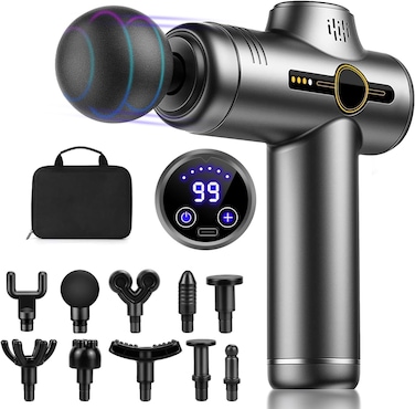 Massage Gun Deep Tissue Massager, Handheld Cordless Tapping Massager LED Touch Screen with 10 Different Massage Heads 99 Speeds for Legs, Back, Body Pain Relief, Ache Relief
