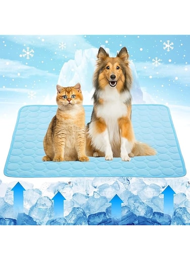 STAYOUNG Dog Cooling Pad - 70 * 100 Large Size Ice Silk Pad with Pet Hair Remover, Pet Cooling Mat, Summer Washable Ice Silk Pet Self Cooling Pad Blanket Home or Outdoor Portable (Blue)