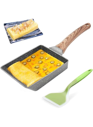 GT Japanese Omelette Pan - Nonstick Tamagoyaki Pan Square Japanese Egg Pan,with Silicone Spatula &amp; Brush,Safe and PFOA-Free,for Kitchen Baking Cooking Tools (Wood Grain Grey)