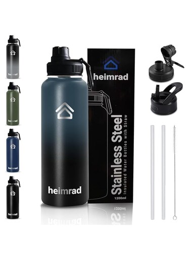 HEIMRAD 1200ml Stainless Steel Water Bottle with Straw Lid &amp; Spout Lid Double Wall Vacuum Insulated Sports Water Bottle Wide Mouth BPA-Free Leak-Proof Gym Bottle BLUE% BLACK