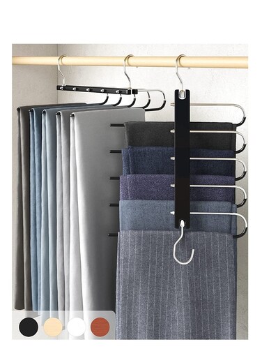 Magic Pants Hangers Space Saving Closet Hangers 5 Layers 2 Uses Multi Functional Pants Rack Solid Metal &amp; Wood Heavy Duty Wardrobe Organizer Racks for Clothes Trousers 1-Pack Black
