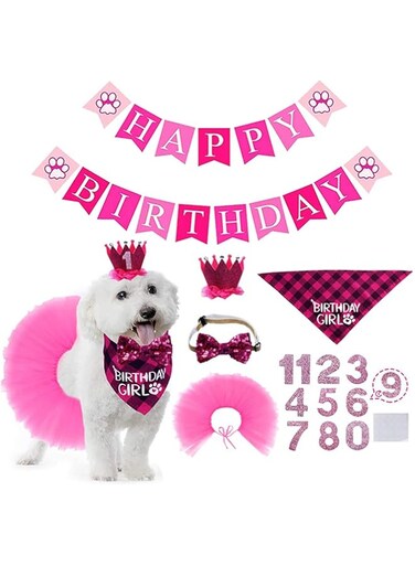 SKEIDO Dog Birthday Outfit Girl Dog Birthday Bandana Girl Tutu Skirt Birthday Number Crown Hat Bowtie Happy Birthday Banner for Pet Puppy Dog Birthday Party Supplies