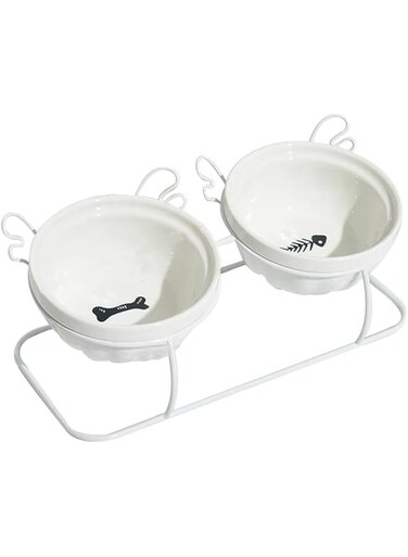 Ecowhite 2Pcs Ceramics Bowls For Food And Water Cat Bowl With Holder,10.5&deg;Tilted Pet Feeding Bowl,Non Slip And Protect Pet&rsquo;s Spine Anti Vomiting For Cats,Pet Food Water Bowl For Cats And Small Dogs