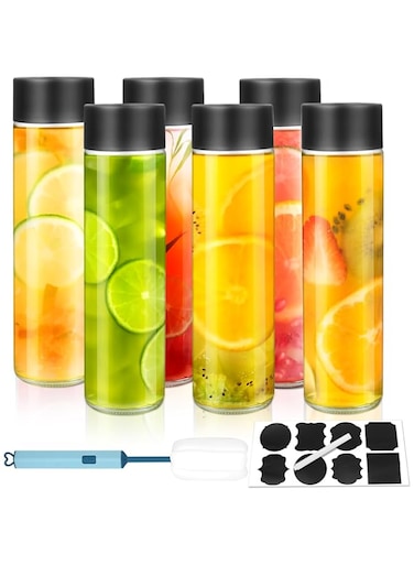 SKYLINK 6Pack 16oz Glass Juice Bottles with Black Lids &ndash; 500ml Reusable Drink Bottles for Water, Smoothies, Beverages &ndash; Includes Cleaning Brush &amp; Labels