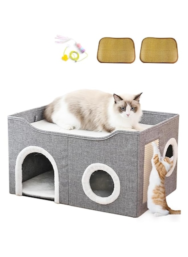Cat Beds for Indoor Cats,Large Cat Bed for Indoor Cats with Fluffy Ball Hanging and Scratch Pad, Foldable Cat Condos With Rattan Mat,2Level With Multiple Openings