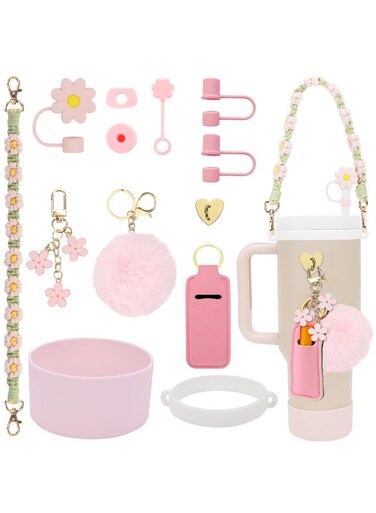 Tumbler Accessories Set, Water Bottle Handle Strap with Silicone Boot &amp; Straw Covers, Compatible with 30oz 40oz Cups &acirc;&euro;&ldquo; Cup Charm Included
