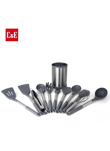 12-Piece Set Of Rotatable Kitchenware Storage Bucket, Silicone Kitchenware Set For Cooking Kitchen, Stir-Frying Spatula, Soup Spoon