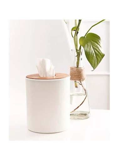 piece Plastic Circle Shape Facial Tissue Box With Bamboo Cover White 13.5x13cm