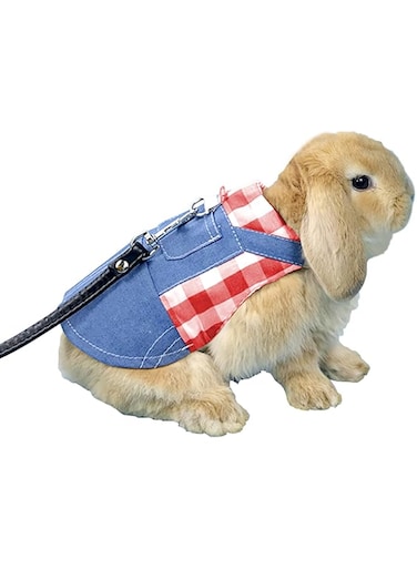 AQOTER Rabbit Harness and Leash Set, Fashion Casual Breathable Denim Strap with 1.25m Comfortable Leather Leash for Small Animal Outdoor Play Walking (Plaid Red, Large)