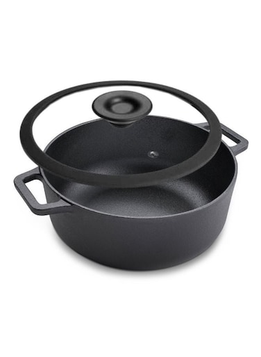Cast Iron Casserole 20 CM   Induction Cooking Pot with Glass Lid   Biryani Pot with Heavy Bottom  Pre-Seasoned Cast Iron Cookware, Black - PR48896