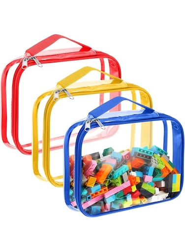 Valuxe 3 Packs Toy Storage Bags with Zipper   Reusable Clear PVC Organizer Bags   Travel Waterproof Toy Bags for Board Games, Building Blocks, Puzzle and Kids Books (Red, Yellow, Blue)